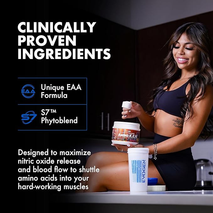 Evogen Amino KEM - Elite EAA Pump Volumizer | Supports Blood Flow, Muscle Growth, Hydration | Full Spectrum EAAs & BCAAs, S7 Nitric Oxide Blend | Smashin' Passion Orange | 30 Servings