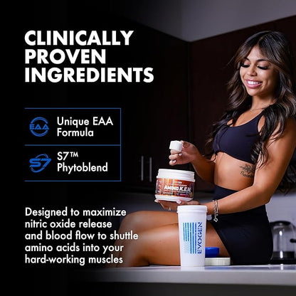 Evogen Amino KEM - Elite EAA Pump Volumizer | Supports Blood Flow, Muscle Growth, Hydration | Full Spectrum EAAs & BCAAs, S7 Nitric Oxide Blend | Smashin' Passion Orange | 30 Servings