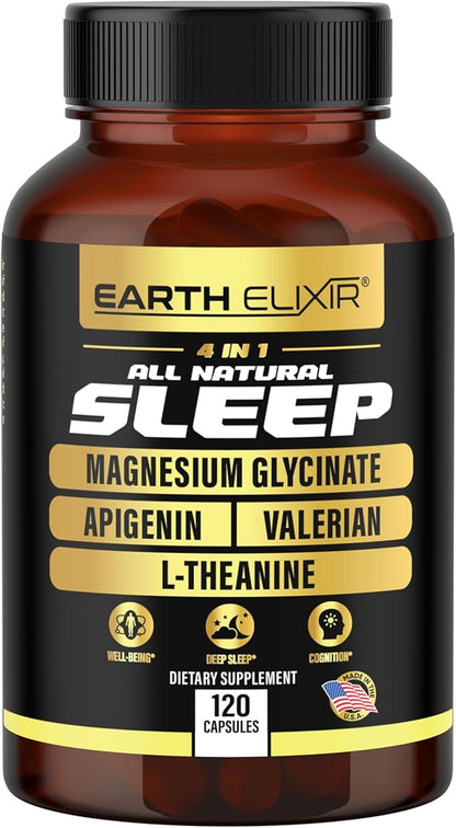 4-in-1 Sleep Aid (120 Caps) w/Apigenin 50mg, Magnesium Glycinate 200mg, L Theanine 200mg & Valerian Root for Sleep Aid 300mg | Apigenin Supplement for Sleep | Sleeping Pills