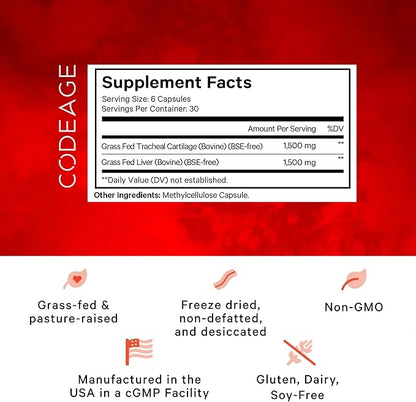 Codeage Grass Fed Beef Cartilage Supplement - Freeze Dried, Non-Defatted, Desiccated Beef Tracheal Bovine Cartilage & Liver Pills – Pasture Raised Argentina Beef Vitamins - Non-GMO -180 Capsules