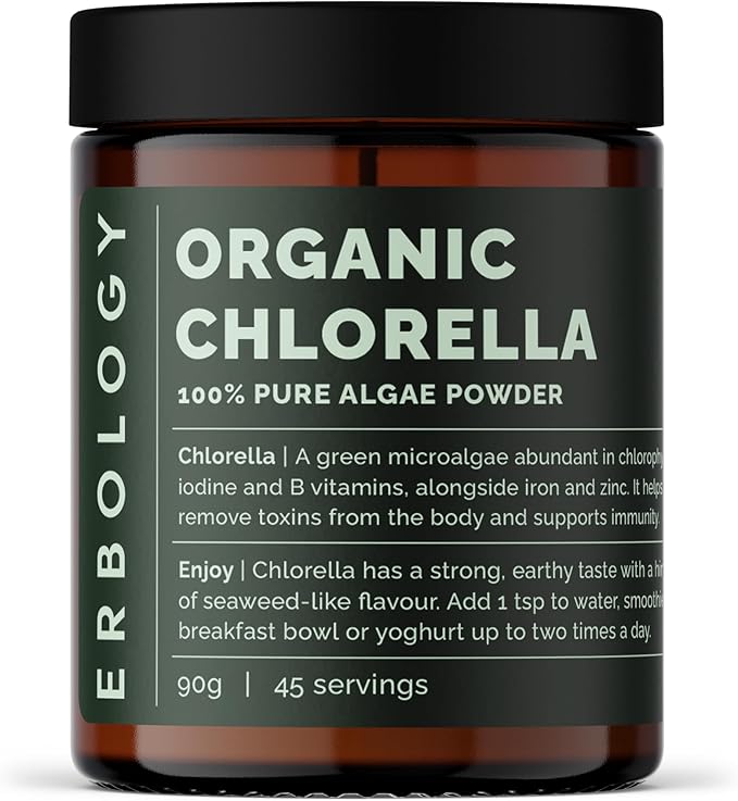 Erbology Organic Chlorella Powder 3.2 oz - 45 Servings - Sustainably Sourced in Spain - Body Cleansing and Immunity Support - Rich in Chlorophyll, B Vitamins, Iron and Phosphorus - Vegan - GMO-Free
