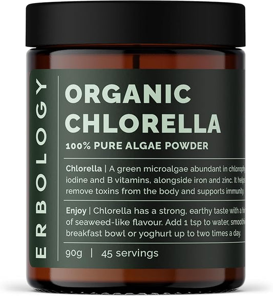 Erbology Organic Chlorella Powder 3.2 oz - 45 Servings - Sustainably Sourced in Spain - Body Cleansing and Immunity Support - Rich in Chlorophyll, B Vitamins, Iron and Phosphorus - Vegan - GMO-Free