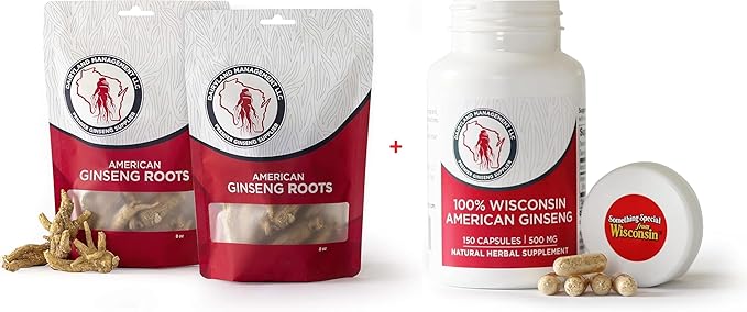 Dairyland American Ginseng Roots 16 oz and Capsules 150 ct Pack of Wisconsin Ginseng – Direct from Farmer to Consumer 西洋参