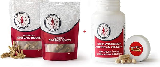 Dairyland American Ginseng Roots 16 oz and Capsules 150 ct Pack of Wisconsin Ginseng – Direct from Farmer to Consumer 西洋参