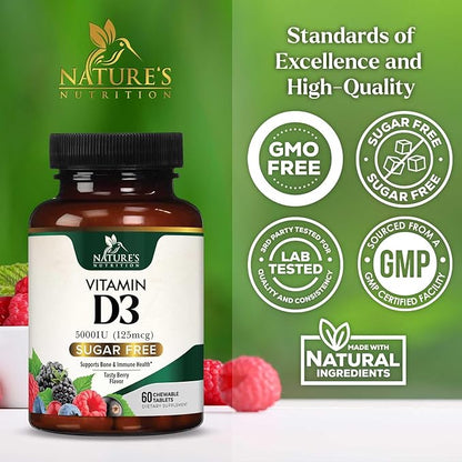 Vitamin D3 5000 IU (125 mcg) - Chewable Vitamin D Supplements for Bone, Teeth, Muscle & Immune Support, Sugar Free, Non-GMO, Gluten Free, Nature's Extra Strength D3 Vitamin - 60 Chewable Tablets
