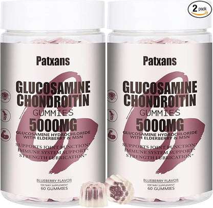 2 Packs 5000MG Glucosamine Chondroitin Gummies with MSM & Elderberry Extra Strength - Joint Support, Antioxidant Immune Support Supplement for Adults, Men & Women, Blueberry Flavor, 120 Count.