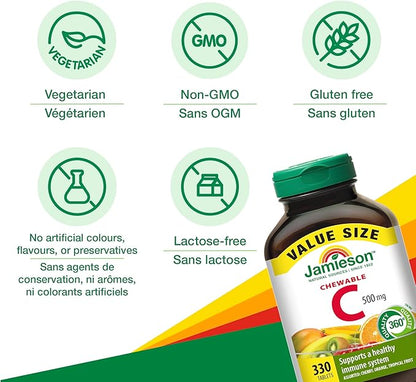 Jamieson Chewable Vitamin-C 500mg Value Supplement Pack(330 Count), Mixed 3 Flavors