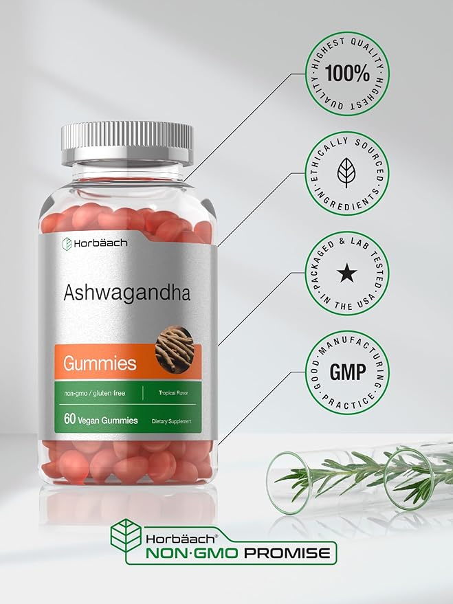 Horbaach Ashwagandha Gummies for Women and Men | 60 Count | Vegan, Non-GMO, Gluten Free Supplement | Tropical Flavor