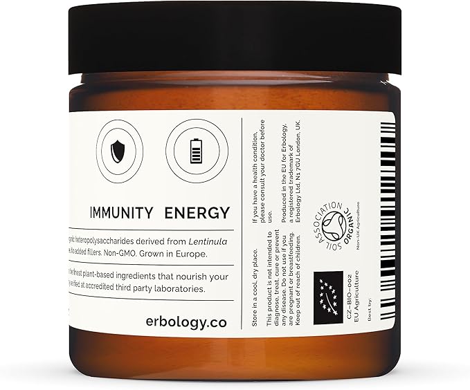 Erbology Organic Shiitake Mushroom Powder 50 Servings - 11% Beta-glucans - Immunity and Energy - Lentinula edodes - Small Batch - Sustainably Grown in Europe - Vegan - Non-GMO - No Added Fillers