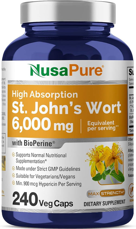 NusaPure St. John's Wort 6,000mg 240 Veggie Capsules (Vegetarian, Non-GMO) Bioperine