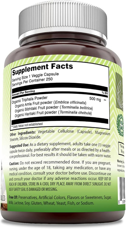Amazing India Natural Triphala 500 mg Veggie Capsules Supplement | Non-GMO | Gluten Free | Ideal for Vegetarians (250 Count)
