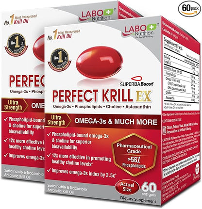 LABO Nutrition Perfect Krill EX, 1000mg Antarctic Krill Oil Omega 3 EPA DHA, Highest Phospholipids (Over 56%) with Choline, Astaxanthin | Heart Brain Eye Joint Health, Made in USA, 60 softgelsX2