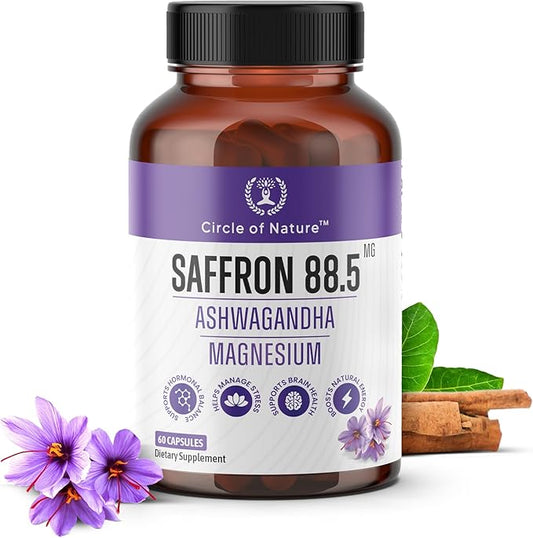 Saffron Supplement 88.5 mg Extract with Ashwagandha & Magnesium – Support Mood Enhacement, Eye Health & Relaxation – 60 Clean Capsules, Made in USA