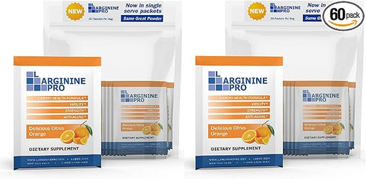 L-ARGININE PRO Supplement Powder | 60 Packets Single Serve Travel Size | 5,500mg of L-arginine Plus 1,100mg L-Citrulline