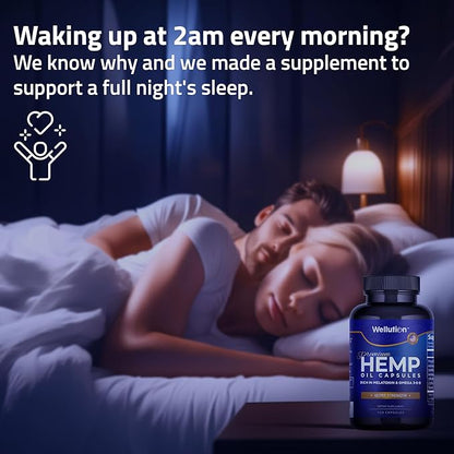 WELLUTION Hemp Oil Capsules with Ashwaganda and Melatonin (2-PK) Rich in Omega 3-6-9 - Supports Healthy Sleep, Stress, & Mood - Feel Refreshed - Made in USA - 120 Count