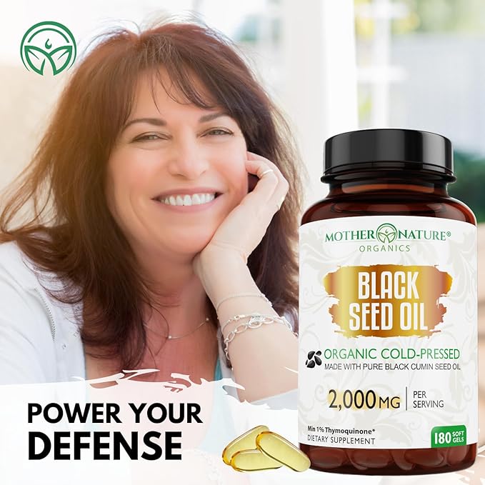 Mother Nature - Organic Black Seed Oil Capsules, Cold Pressed, 2% TQ, 100% Turkish-Black Cumin Nigella, Sativa Oil-3 Month Supply for Immune Support, Joint, Digestive Health,1000mg per Capsule, 180ct
