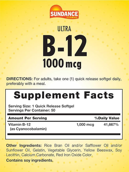 Sundance Vitamin B12 | 1000 mcg | 50 Quick Release Softgels | Non-GMO and Gluten Free Supplement