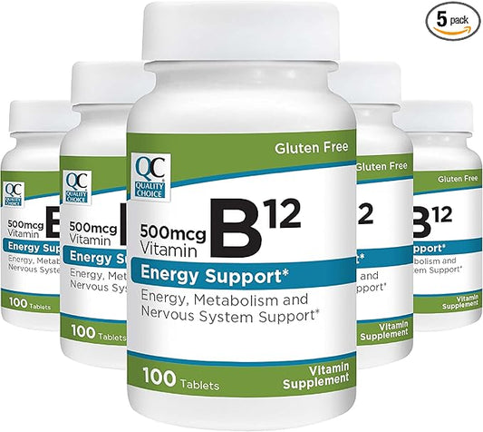 Quality Choice Vitamin B12 500 MCG Supplement 100 Count Bottle of Tablets (5 Pack)