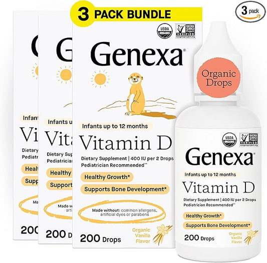 Genexa Infants Vitamin D Liquid Drops for Newborn, Baby & Toddler | Bone Development | Delicious Organic Vanilla Flavor | Certified Organic, Gluten Free, & Non-GMO | 270 Servings (3 Pack)