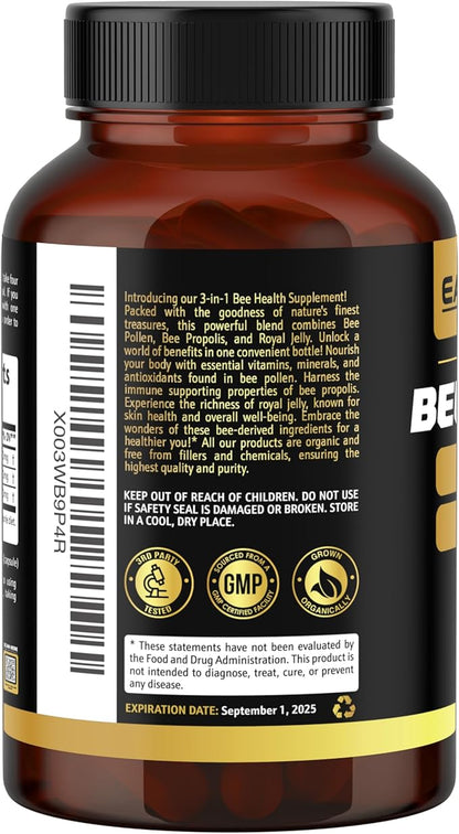3-in-1 Bee Pollen Organic 840mg (180 Caps) W/ 840mg Bee Propolis Capsule & 840mg Royal Jelly Capsule - 3rd Party Tested - Bee Pollen Supplement - Organic Bee Pollen Capsule -No Fillers