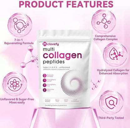 Multi Collagen Protein Powder, 2lbs-Unflavored, with Hyaluronic Acid & Vitamin C, Skin, Hair & Joint Support, 32 Oz