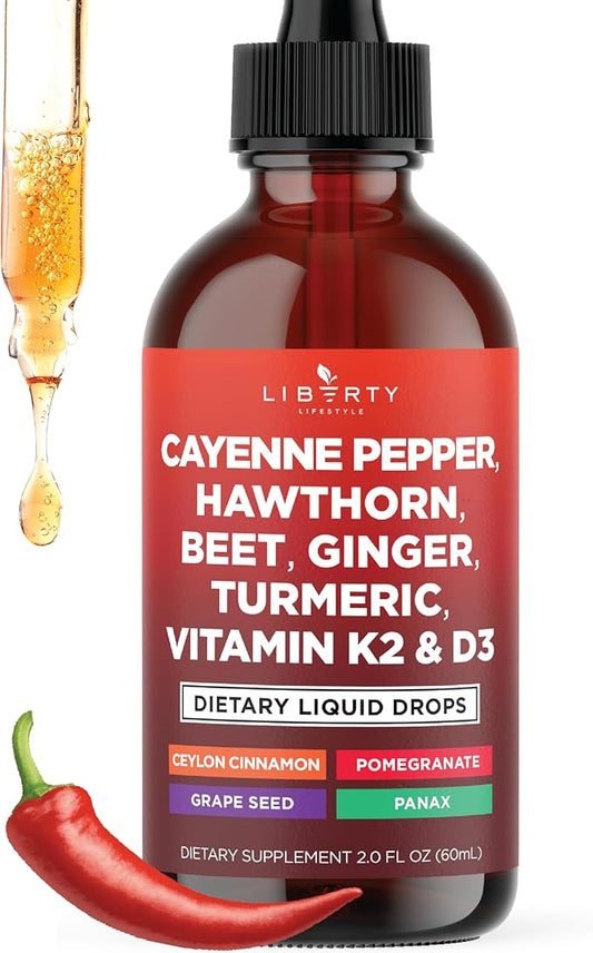 Cayenne Pepper Supplement Liquid Drops + Hawthorn Berry, Vitamin D3 K2 Beet Root Powder, Ceylon Cinnamon, Turmeric Curcumin, Organic Panax Ginseng - 2oz