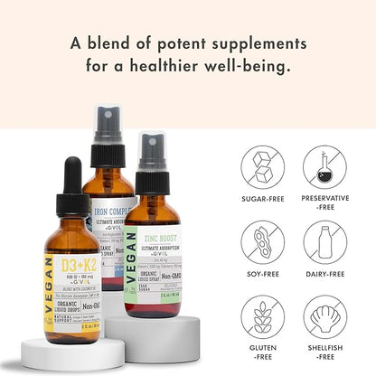 Bone Support Bundle Liquid Spray - Iron Bisglycinate Complex, Zinc Picolinate, Vitamin D3 & K2 - Complete Multivitamin - Plant- Based, Non-GMO, Gluten Free, Sugar Free 2 Fl Oz (360 Days Supply)