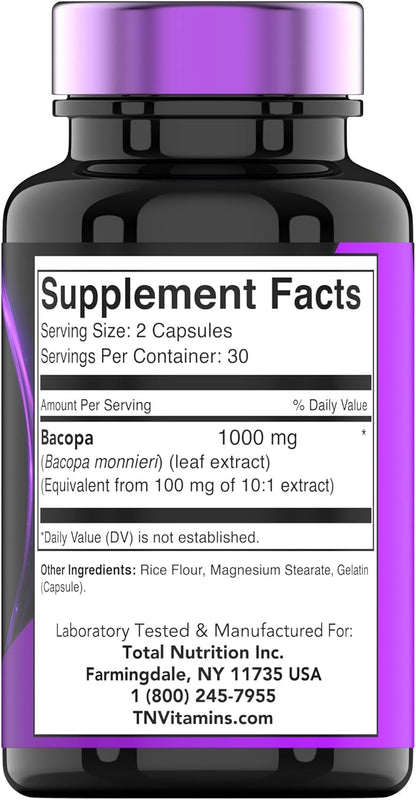 Bacopa Monnieri Capsules 1000 MG (60 Capsules) | Nootropic Brain Support Supplement* | Bacopa Leaf Extract Powder Pills