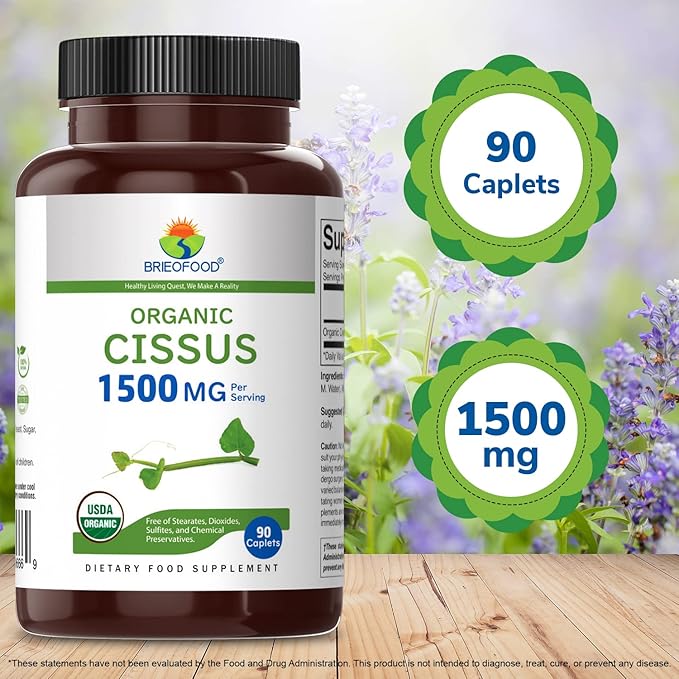 Brieofood Organic Cissus Quadrangularis 1500mg, 45 Servings, Vegetarian, Gluten Free, 90 Vegetarian Tablets