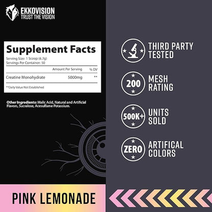 Creatine Monohydrate Powder, Micronized, Pink Lemonade, Pre Workout & Post Workout Supplement for Men and Women, Energy Support, Easy to Mix in Shakes, Smoothies & Beverages, 50 Servings