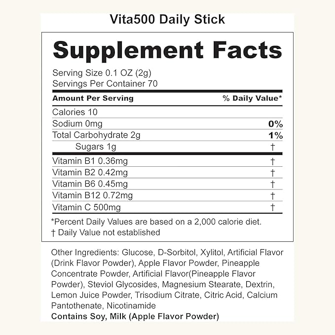 Vita500 Multivitamin Powder Daily Stick, Improve Strong Immune, & Energy Boost with Vitamin C 500mg, and Vitamin B Complex (70 Sticks of 500mg)