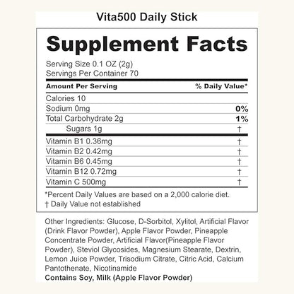 Vita500 Multivitamin Powder Daily Stick, Improve Strong Immune, & Energy Boost with Vitamin C 500mg, and Vitamin B Complex (70 Sticks of 500mg)