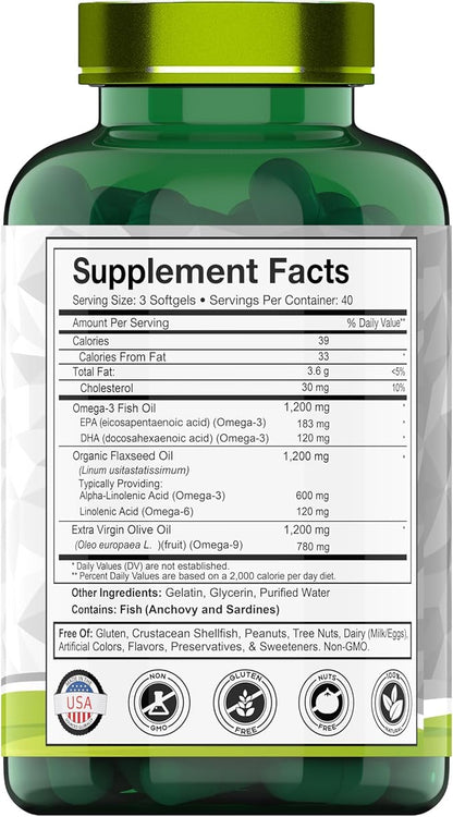 Triple Omega 3◆ 6◆ 9: 3600mg x 120 Softgels | Omega Essential Fatty Acids from Fish Oil (EPA & DHA), Flaxseed Oil (ALA & LA), & Olive Oil (OA) | Omega 3-6-9 Supplement for Women & Men | Non-GMO