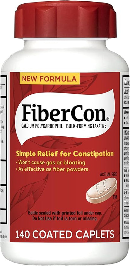 FiberCon Fiber Therapy Coated Caplets, Safe, Simple & Comfortable Insoluble Fiber for Bowel Irregularity, Comfortable Constipation Relief with No Gas or Bloating, 140 Caplets