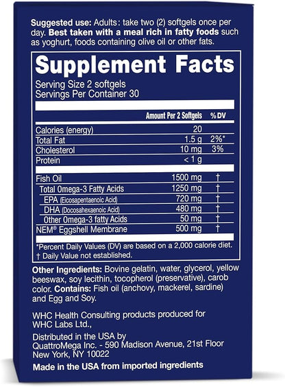 WHC UnoCardio Sports & Eggshell Membrane Fish Oil, Supports Joints & A Healthy Heart,1250 mg of Omega-3, 720 mg EPA, 480 mg DHA, Unflavored, 60 Softgels