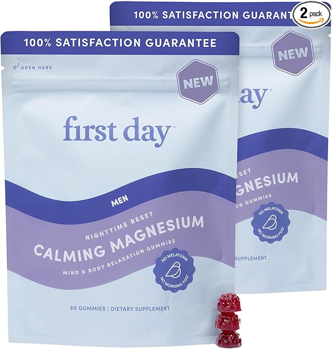 First Day Men’s Nighttime Reset Calming Magnesium Gummies – Sleep Aid Supports Peaceful Rest, Balanced Mood & Energy – Supplement with Magnesium Citrate, L-Theanine & No Melatonin – 60-Day Supply