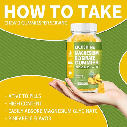 1 Pack Magnesium Glycinate Gummies 1000mg, Calcium, Potassium, Bromelain, Vitamin D, B6, CoQ10 Supplement for Relaxation, Calm Mood, Stress Relief and Sleep for Adults & Kids, 60 Counts