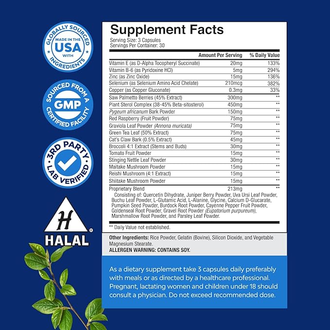 Herbal Prostate Supplement for Men - Potent Pygeum and Saw Palmetto Extract with Beta Sitosterol & Green Tea for Urinary Tract Support - Male Health Blend for Frequent Urination - 90 Capsules