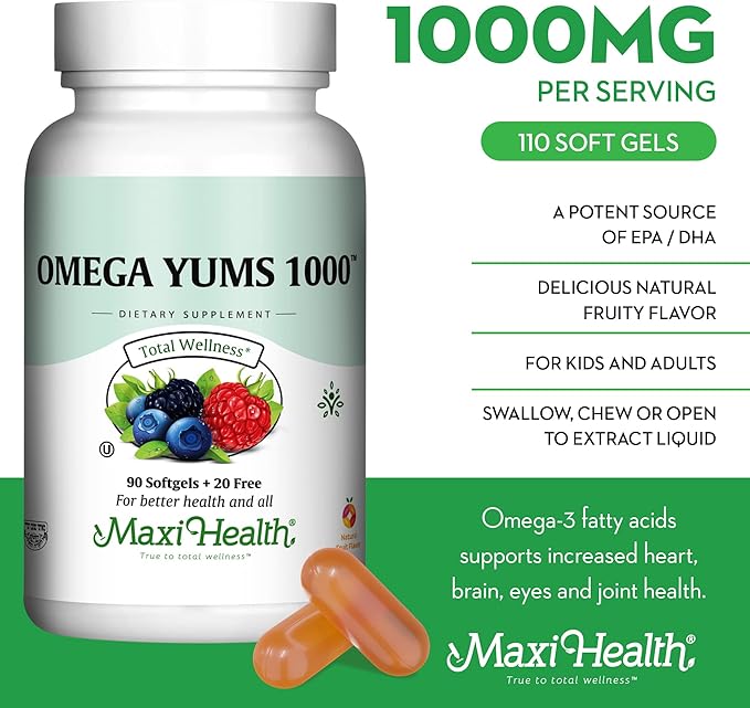 Maxi Health Omega Yums 1000 - Kid Friendly - Fruity Burst Flavor - 110 Softgel Capsules - Kosher