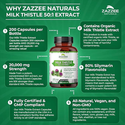 Zazzee Organic Milk Thistle 50:1 Extract, 20,000 mg Strength, 200 Vegan Capsules, 80% Silymarin Flavonoids, Over 6 Month Supply, Standardized and Concentrated 50X Extract, All-Natural and Non-GMO