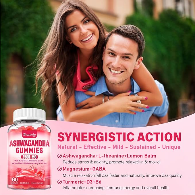 Ashwagandha Gummies 2500mg for Women & Men: Ashwagandha Supplement Gummy Extra Strength with Turmeric, Vitamin D3, L-Theanine, Magnesium - Filled Gummies, Strawberry Flavor, Vegan, Non-GMO
