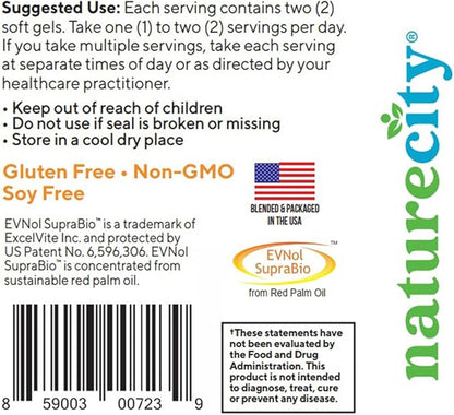 NatureCity True-E Full Spectrum Tocotrienols Vitamin E & Natural Alpha Tocopherol Supplement | Sustainable Vitamin E Tocotrienols from Evnol Suprabio | Non-GMO Vitamin E Complex | 60 Soft gels