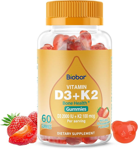 Natural Vitamin D3 K2 Gummies, 2000 IU Vitamin D3 & 100 mcg Vitamin K2,Supports Healthy Bone, Immune Health Supplement, GMO Free, Gluten Free (Strawberry, 60 Count)