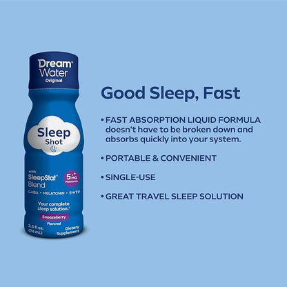 Dream Water Sleep Aid Supplement Drink; Melatonin 5mg, GABA, 5-HTP; Zero Sugar, Natural Flavors, No Added Colors, 2.5 oz Liquid Sleep Shots, Snoozeberry, 4-Count