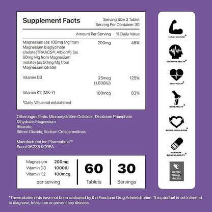 YDY Chelated Magnesium with K2 - Magnesium 200mg, Vitamin D3 25mcg, K2 100mcg - High Absorption, Supports Muscle, Bone, Nerve, Sleep - 60 Tablets
