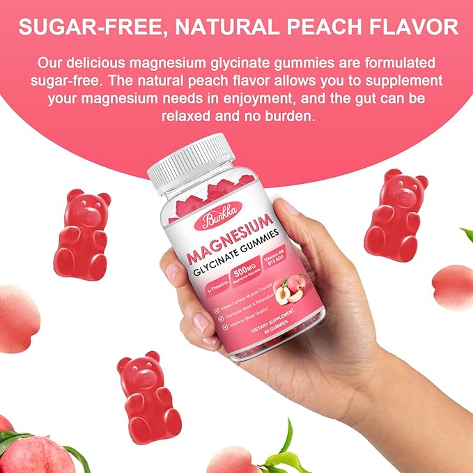 Magnesium Glycinate Gummies - Sugar Free, Magnesium Complex Potassium Supplement with Potassium, VitaminD, B6 for Calm, Sleep & Stress Relief for Adults - 60 Peach Gummies