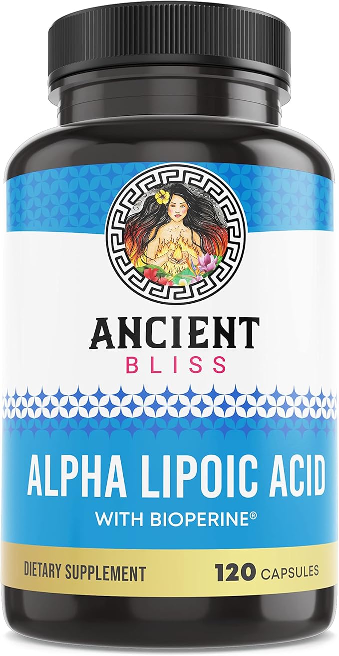 Ancient Bliss Alpha Lipoic Acid Supplement, Antioxidant and Energy Support, ALA Supplement with Bioperine, No Gluten and Soy, 600mg per Serving, 120 Vegan Capsules