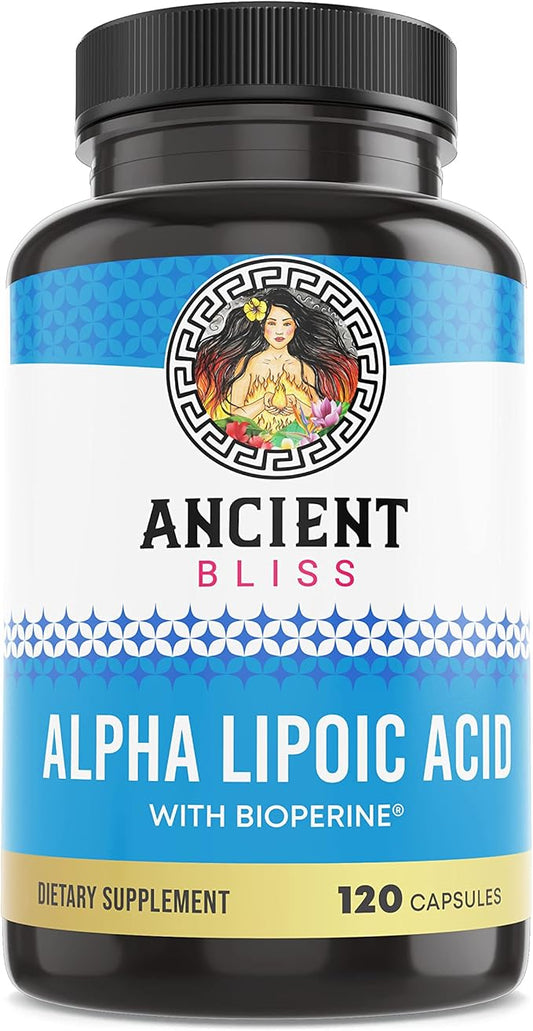 Ancient Bliss Alpha Lipoic Acid Supplement, Antioxidant and Energy Support, ALA Supplement with Bioperine, No Gluten and Soy, 600mg per Serving, 120 Vegan Capsules