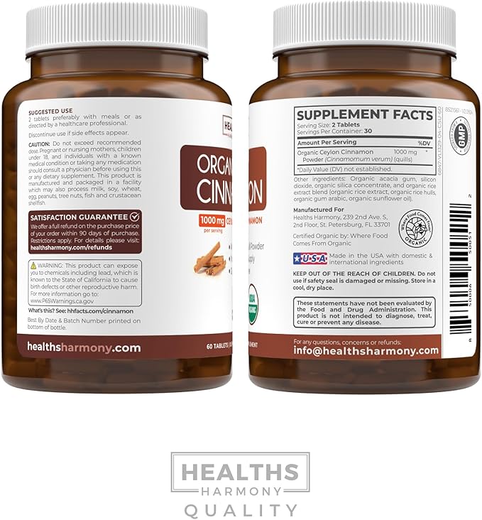 USDA Organic Ceylon Cinnamon (60 Tablets) 1000mg Cinnamon Quill Powder per Serving - Natural Cinnamon Supplements for Effective Metabolism, Cognative, Joint, Immune Support - (No Capsules or Pills)