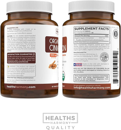 USDA Organic Ceylon Cinnamon (60 Tablets) 1000mg Cinnamon Quill Powder per Serving - Natural Cinnamon Supplements for Effective Metabolism, Cognative, Joint, Immune Support - (No Capsules or Pills)
